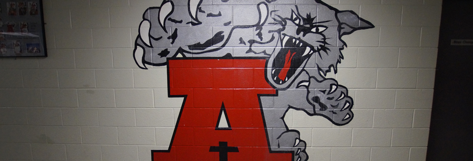 school athletic logo painted on wall in hallway