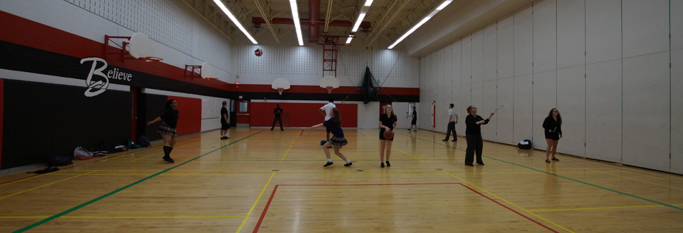 Students playing sports in a gym